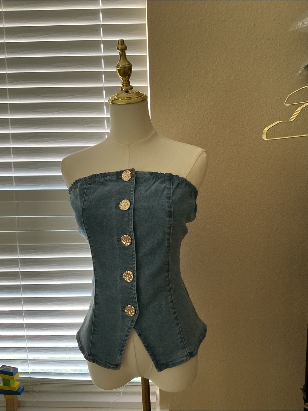 Strapless Denim Button-Front Corset Top - Blue